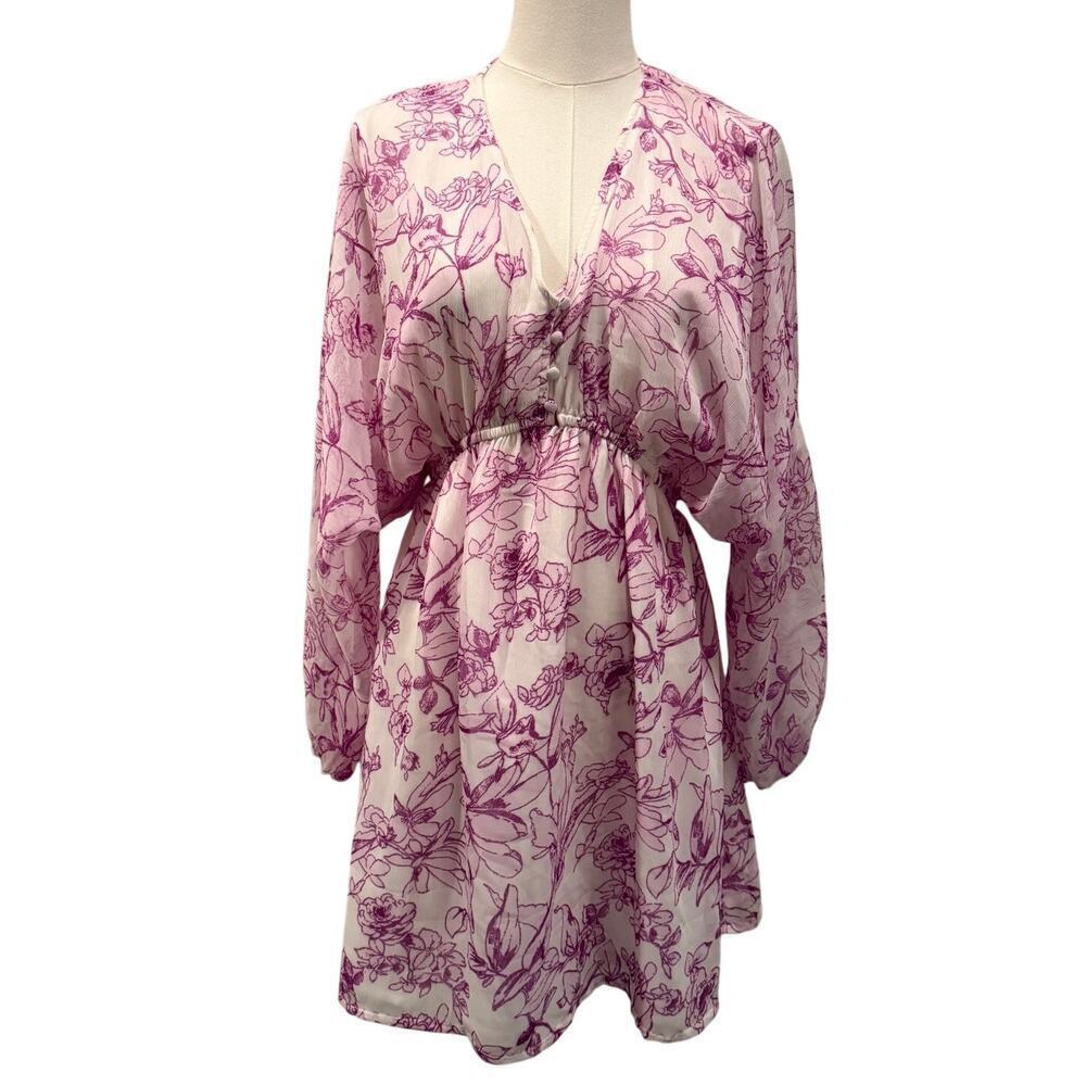 A New Day Floral Print Long Sleeve Mini Dress XS Purple White Cottage Boho Airy